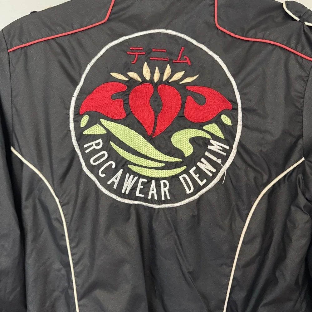 RocaWear Full Zip Sparkle Cropped Bomber Jacket Sz Medium BH Logo Y2K Biker Core